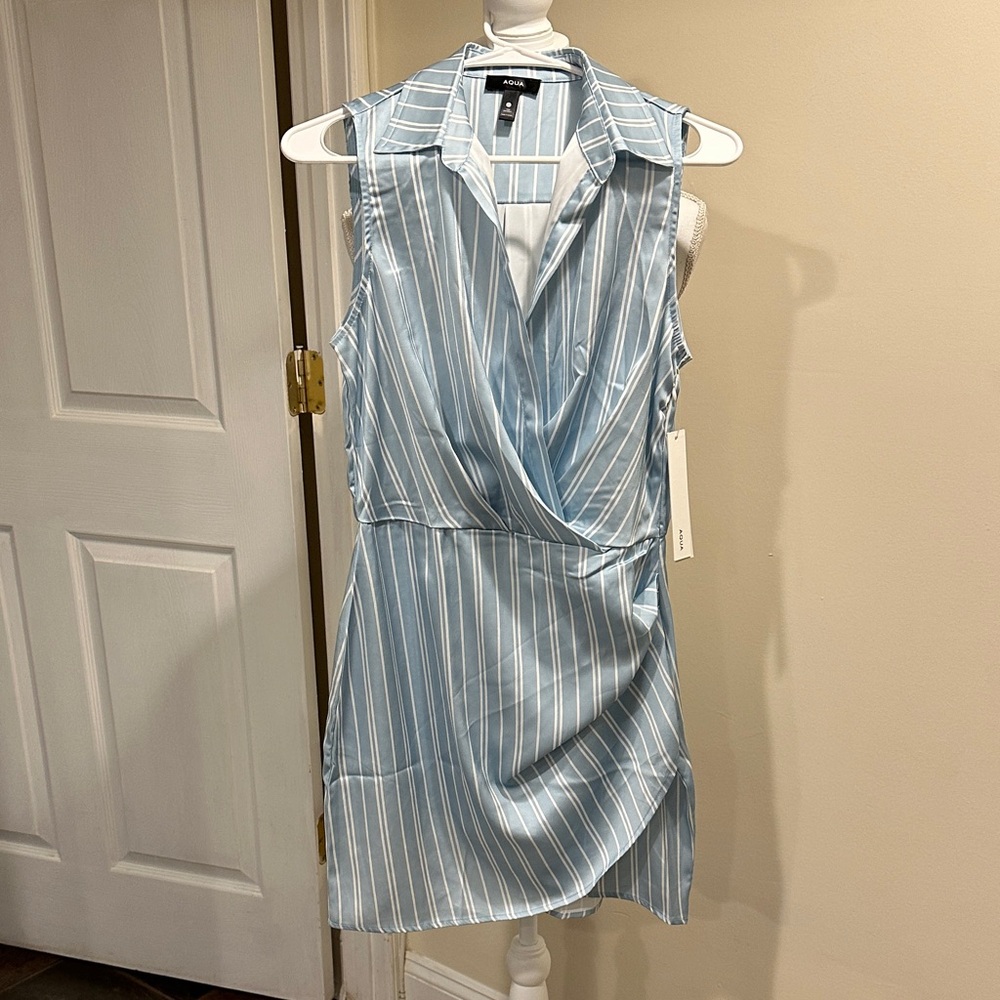 Aqua Light Blue and White Striped Sleeveless Wrap Dress